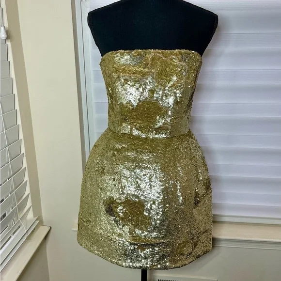 Oscar de la Renta Matte Gold Sequin Embellished Strapless Mini Dress size  8, 10 - threedaughtersproperties.com